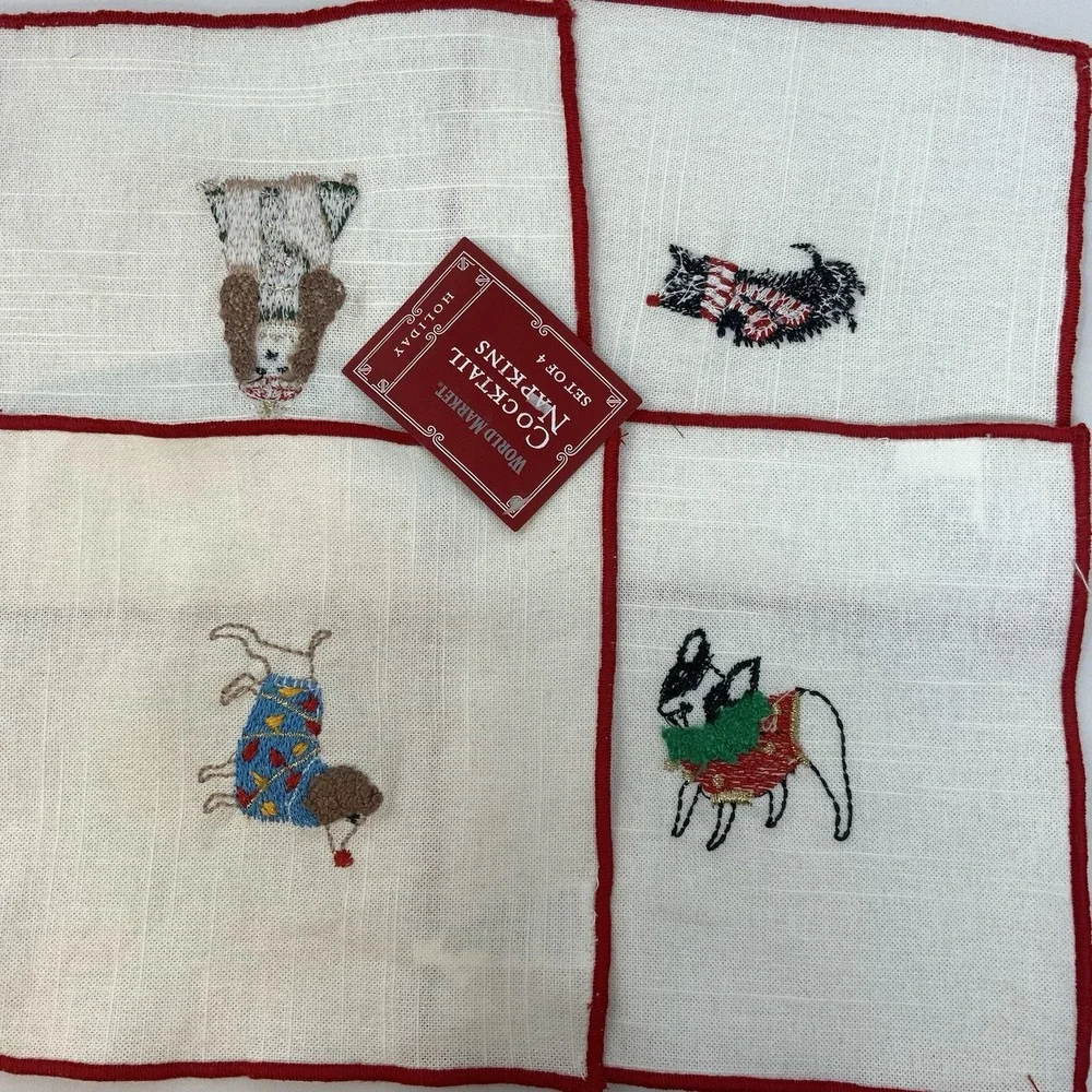 World Market Cocktail Napkins Embroidered Dogs Dachshund Boston Poodle Scottie‎